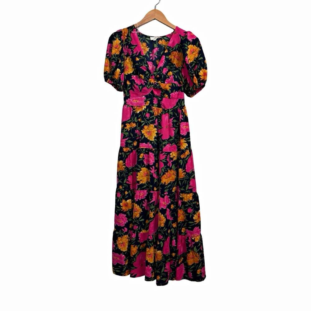 Entro Floral Maxi Dress V-Neck Puff Short Sleeve Tie Accent Whimsical Size S